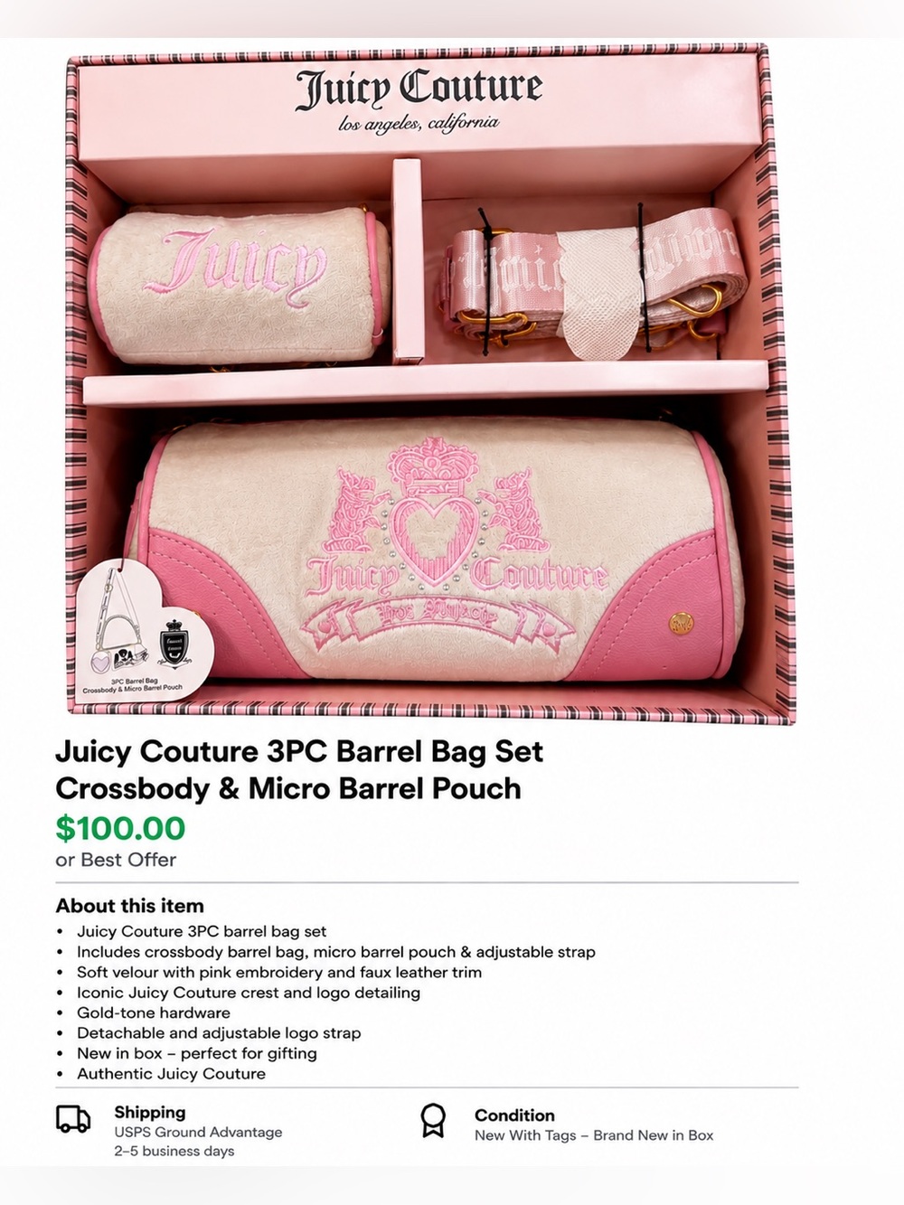 Juicy Couture Cream and Pink 3-Piece Barrel Bag Set